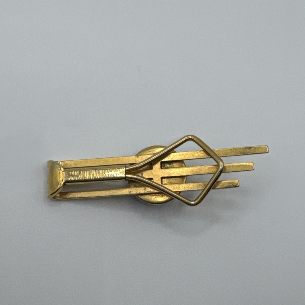 Vintage Swank Gold Tone Tie Clip Bar Green Malachite Look Stone Mid Century - Picture 4 of 5